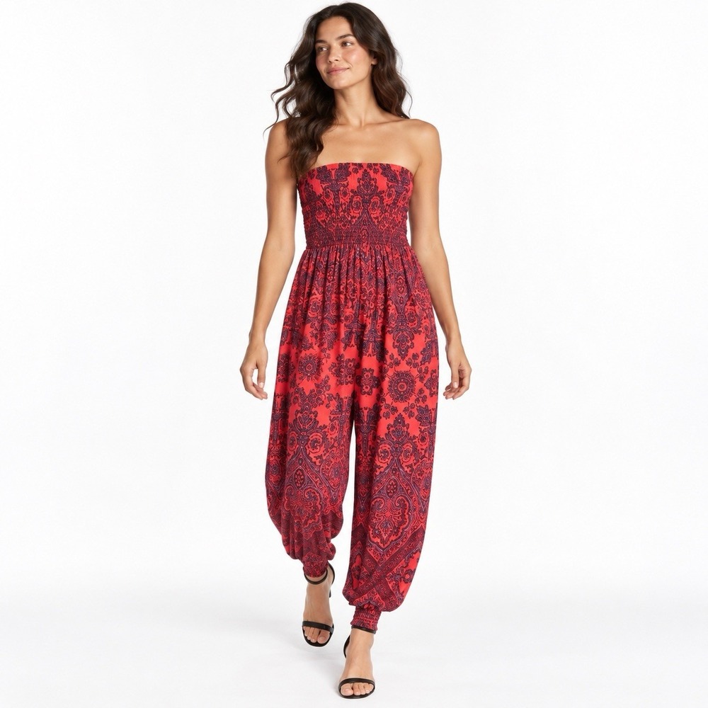 Free People Thinking Of You Paisley Jumpsuit XS Boho Strapless Balloon Harem